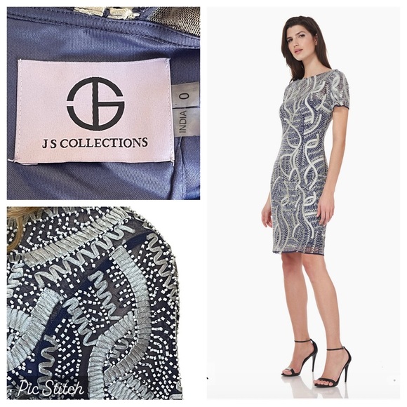 JS Collections Navy and Silver Beaded Dress - Picture 1 of 16